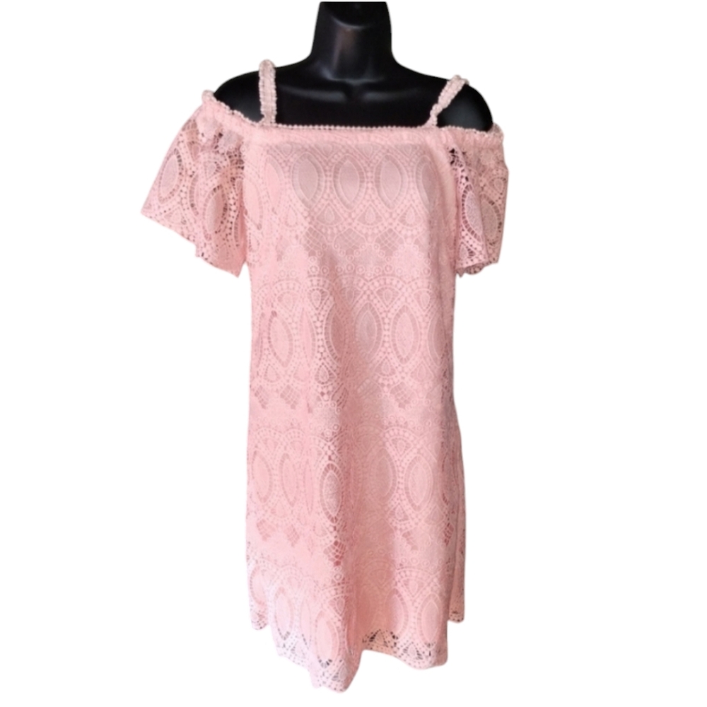 White House Black Market, Romantic Pink Lace Off Shoulder With Straps Midi Dress
